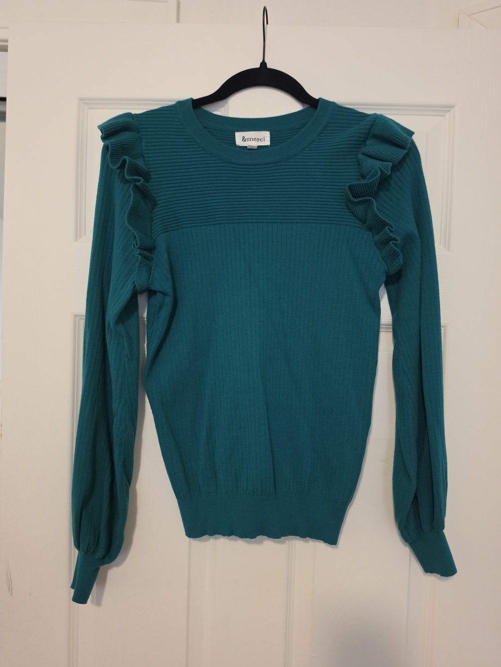 &moreci Teal Ruffle-Trim Ribbed Knit Sweater